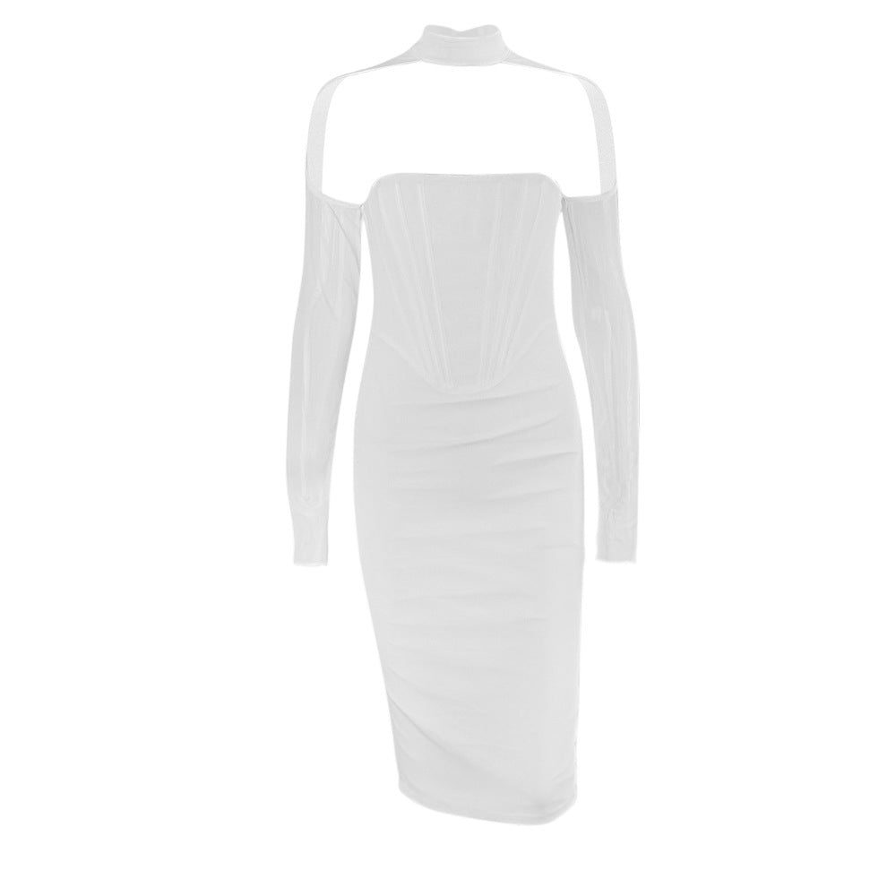 Women's Gauze Sexy Hollow Hanging Neck Fish Bone Sheath Buttock Sheath Dress