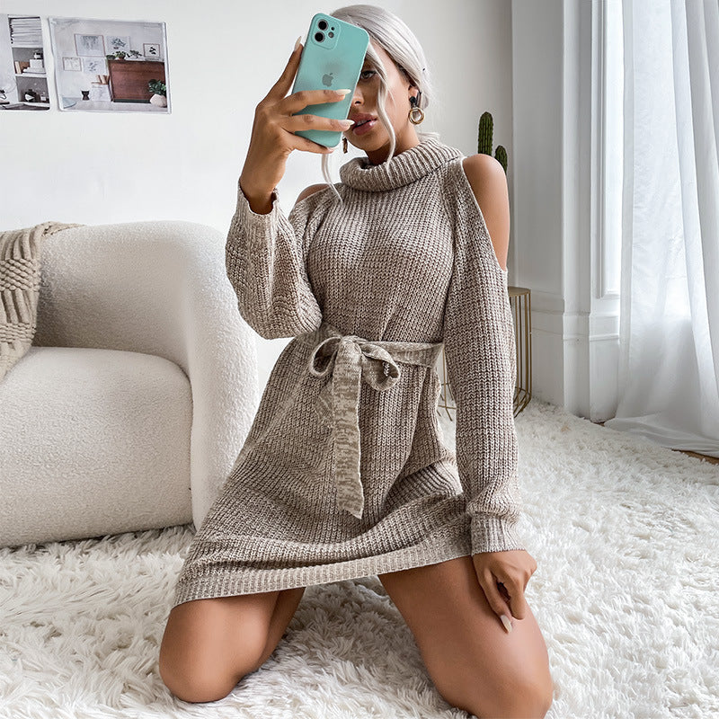 Autumn New Women's Solid Color With Lace Knit Hollow Shoulder High Neck Sweater Dress