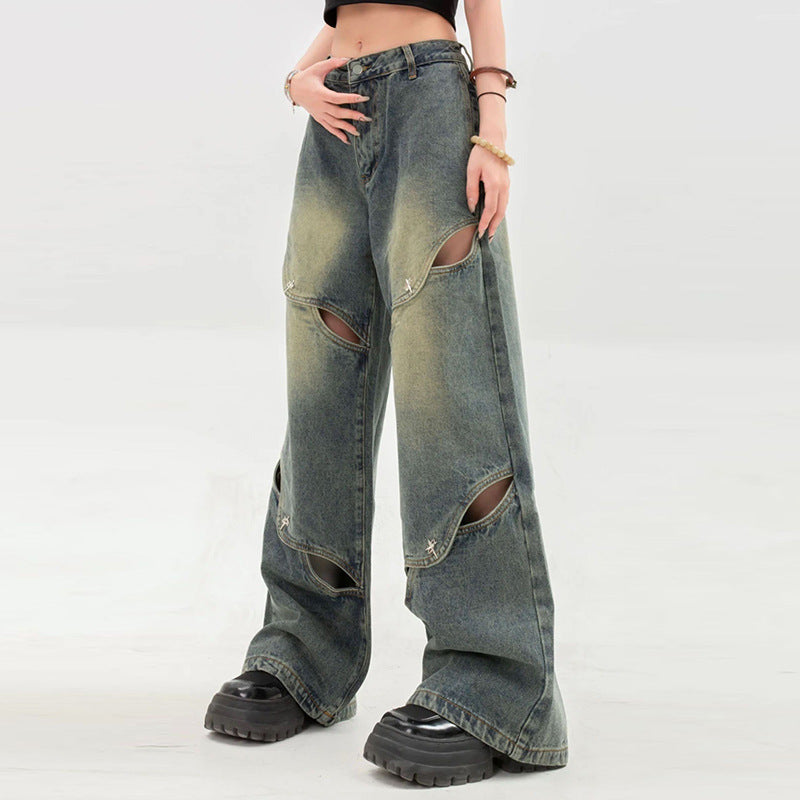 Wide-Leg Jeans Women's High Street Heavy Hollowed-Out Mops Vintage Long Pants