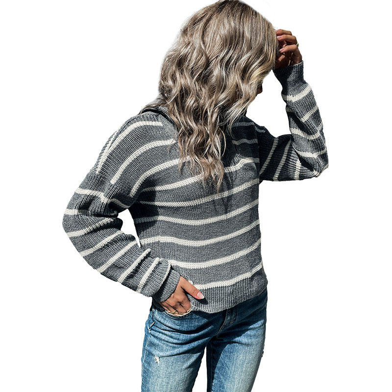 Autumn New Leisure Fashion Women's Long-Sleeve Lapel Striped Sweater
