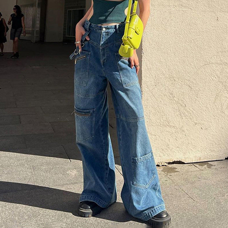 Tall Multi-Pocket Zipper Jeans Women New Straight Leg Wide Pants With Streamers