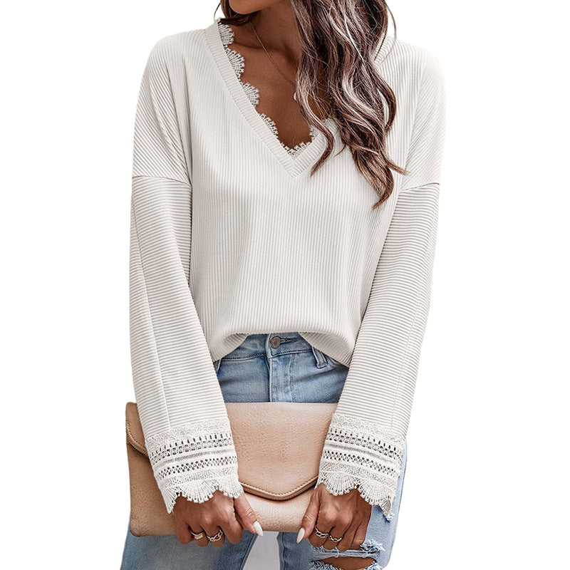 Thin Simple With A Solid Color Knitted Shirt Women Early Autumn New Lace Lace Edge V-Neck Long Sleeve Top Women