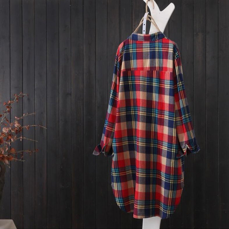 Cotton Mid-Length Plaid Long-Sleeved Shirt Female Loose-Fit Casual Shirt Cardigan Coat