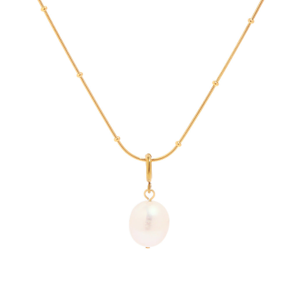 5pcs Fresh Stainless Steel Necklace Does Not Fade Simple Chain Natural Pearl Pendant Necklace Accessories