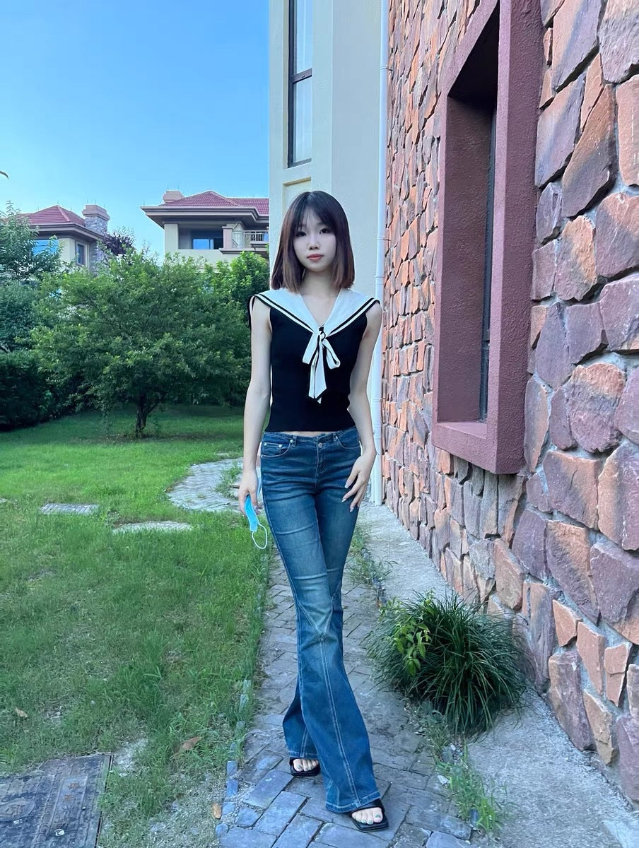 Fall New Retro Spice Girl Slim Mid-Waisted High Bounce Slim Fit Bell-Bottom Jeans Girl