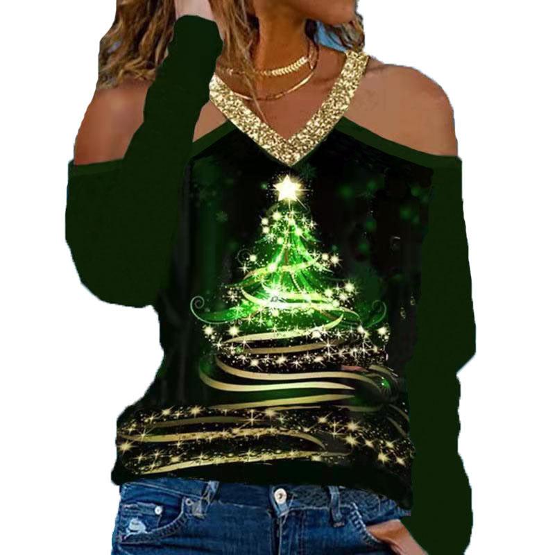 Women's Autumn And Winter New Christmas Elements V-Neck Long-Sleeved T-Shirt Women's Base Shirt