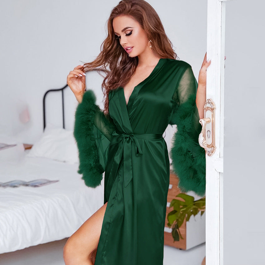 Spring And Summer Feather New Sexy Ice Silk Nightgown Woman Cardigan Binding Gauze Sweat Steaming Dress Home Dress Woman