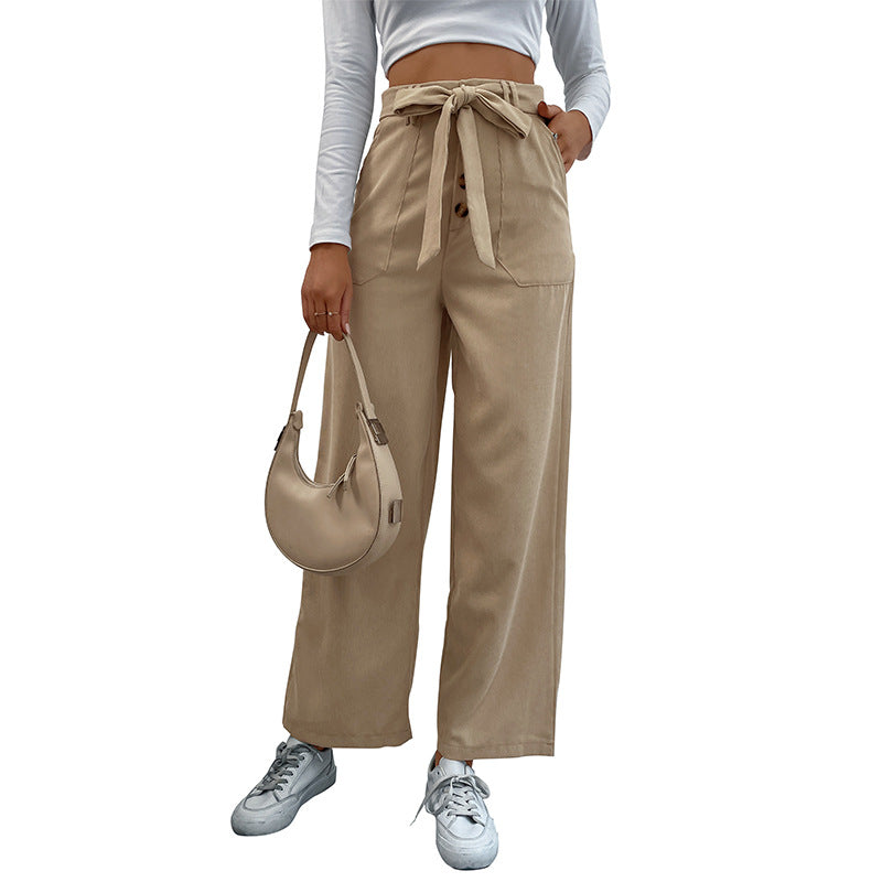 New Autumn Winter Leisure Corduroy Lace-Up Commuter Wind Wide-Leg Pants Women