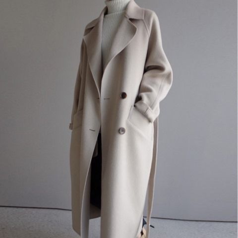 New Winter Medium Long Beige Woollen Waitmore Long Waisted Harajuku Over The Knee Woolen Coat