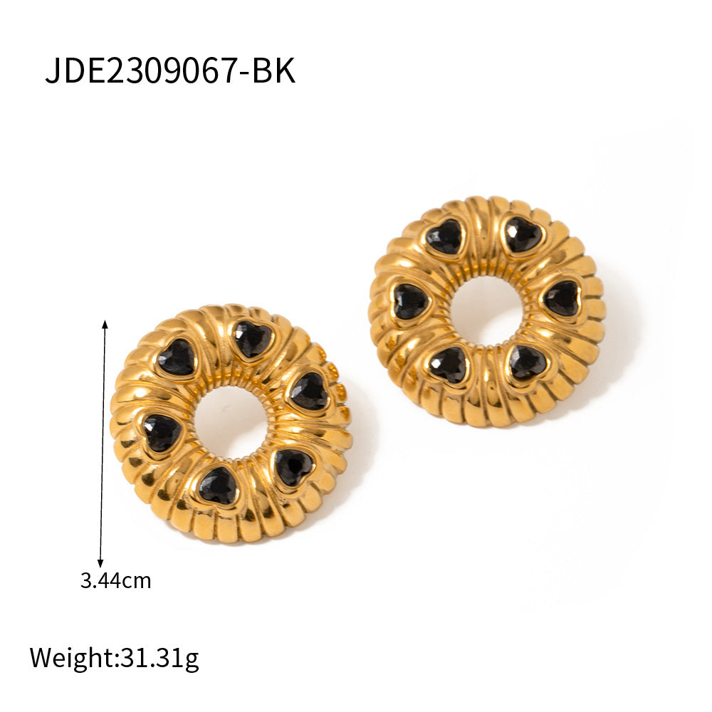 5pcs 18K Gold Stainless Steel Inlaid White Zircon Bread Earrings Titanium Steel Year Earrings