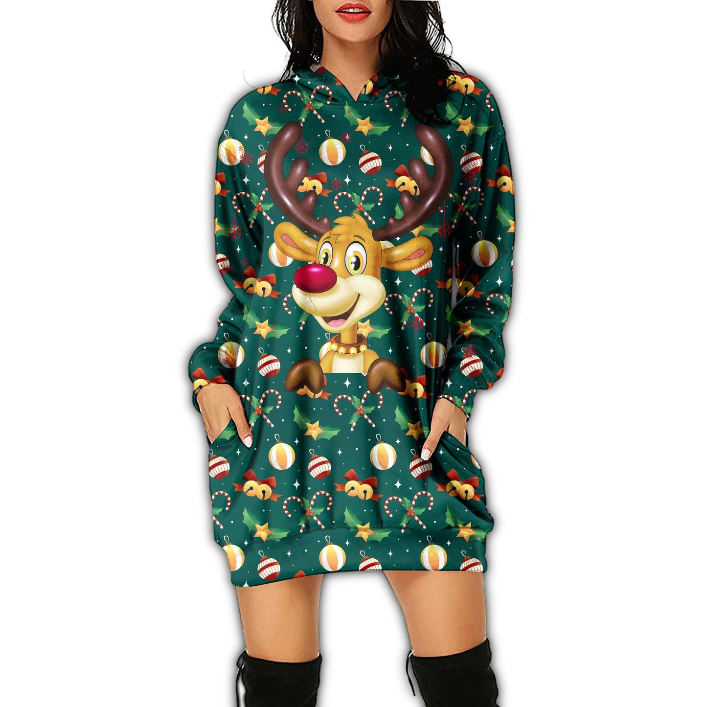 Autumn Women's Print Casual Long-Sleeved Hoodie Dress Christmas Holiday Party Dress