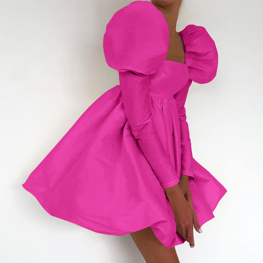 Autumn Puffed Sleeve Satin Color Ding Princess Dress Gown Long Sleeve Square Collar Court Style Dress Woman