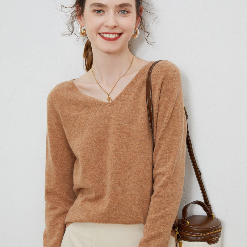 Women's 100 Wool Base Sweater V-Neck Knitted Loose Cashmere Sweater Slimming Autumn And Winter Top