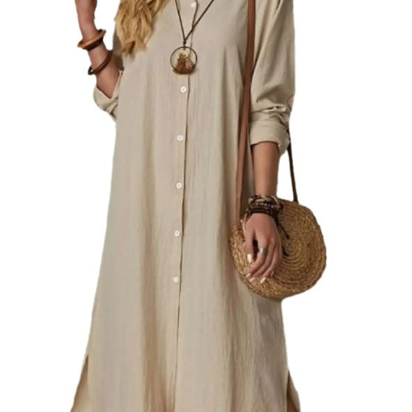 Cotton Linen Solid Color Lapel Long Sleeve Simple Loose Casual Long Shirt Dress