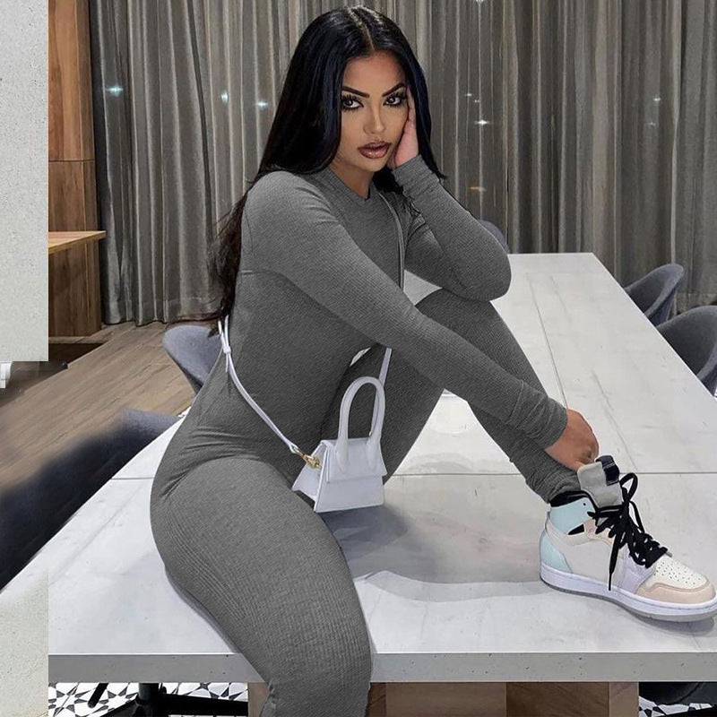 High Stretch Skinny Spice Jumpsuit Women's Fitness Yoga Exercise Leggings Long Sleeve Crew Neck Jumpsuit