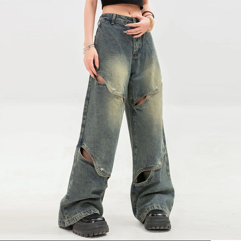 Wide-Leg Jeans Women's High Street Heavy Hollowed-Out Mops Vintage Long Pants