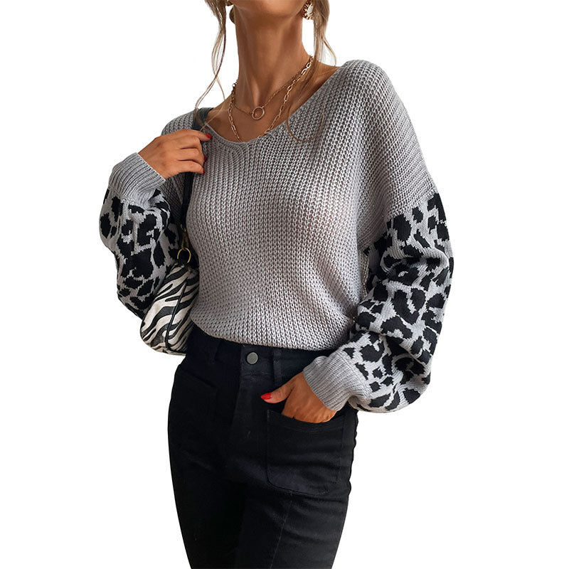 Autumn New Women's Thin Round Neck Knitted Jumper Leopard Print Sweater Woman