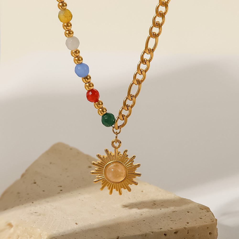 5pcs New Titanium Steel Pendant Necklace 18K Gold Natural Stone Cat's Eye Sun Pendant Colored Stone Necklace
