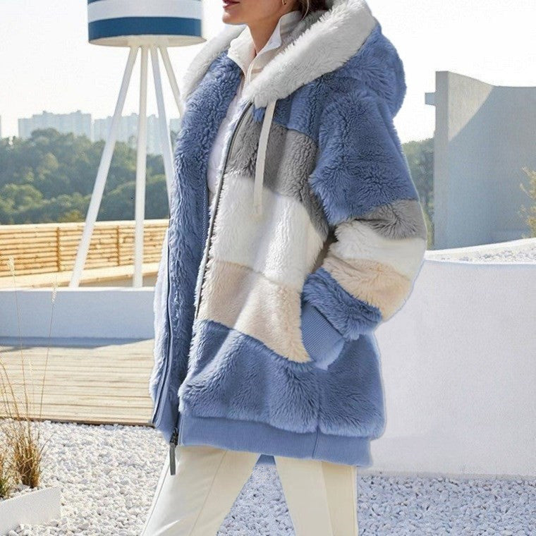 Autumn And Winter Warm Plush Patchwork Zipper Pocket Hooded Loose Coat Women