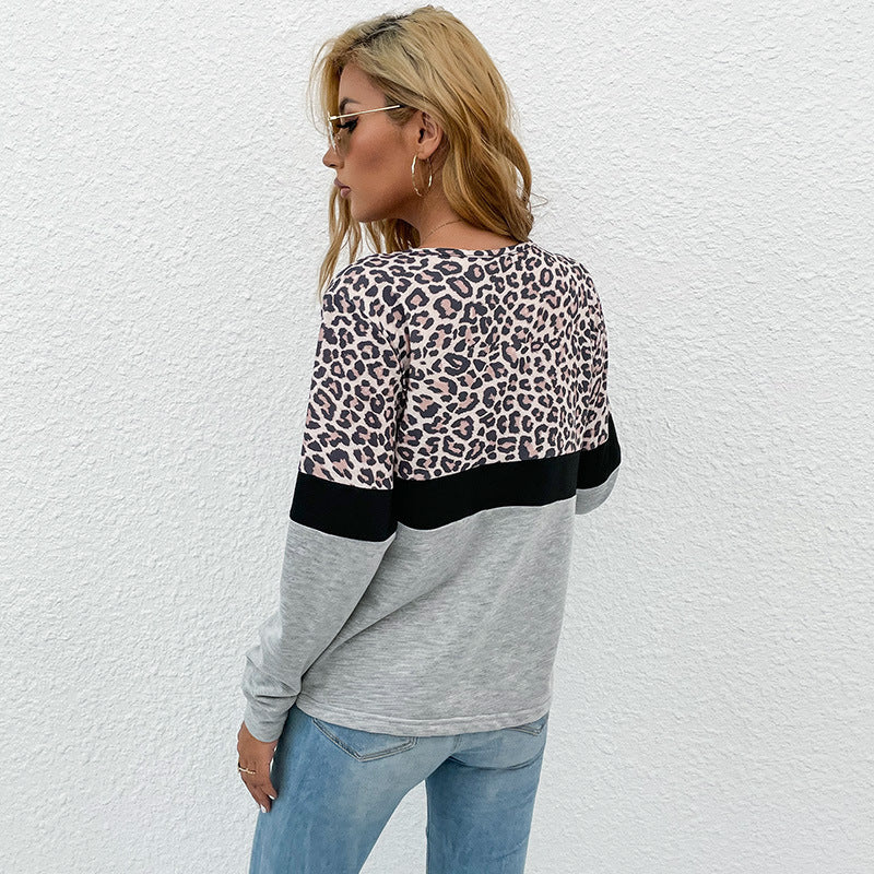 Early Autumn Casual Women's Leopard-Print Splicing Long-Sleeved Bottom Shirt For Women