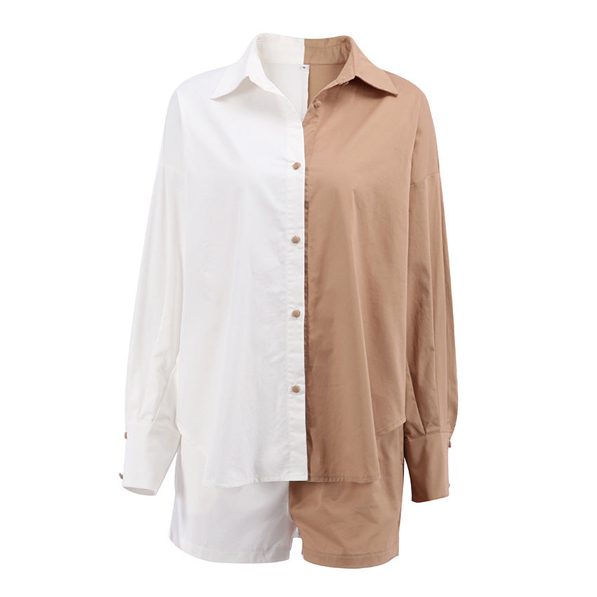 Autumn Women's New Color Contrast Long-Sleeved Shirt Shorts Two-Piece Cotton And Linen Casual Fashion Suit