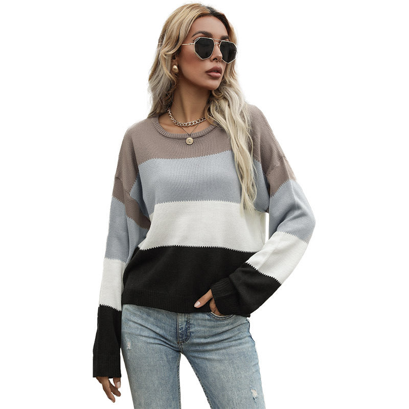 Autumn/Winter Women's Casual Long-Sleeved Color Matching Sweater