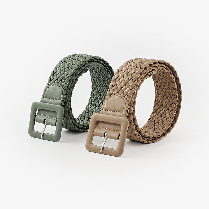 Pastoral Style Woven Wide Belt Fashion Candy Color Bag Buckle Decorated Dress Jeans Belt Women
