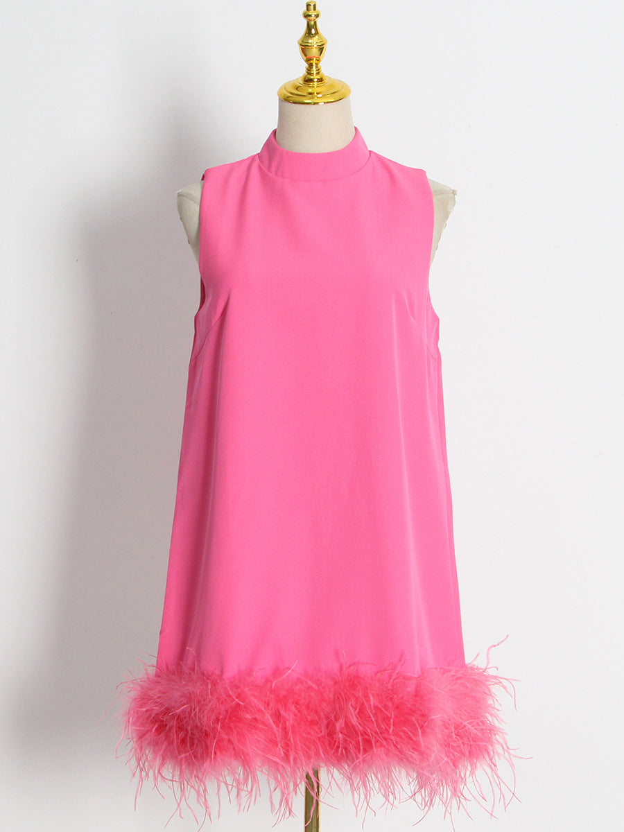 Wind Ostrich Hair Skirt Autumn Niche Design Sense Half High Neck Sleeveless Solid Color Straight Shift Dress