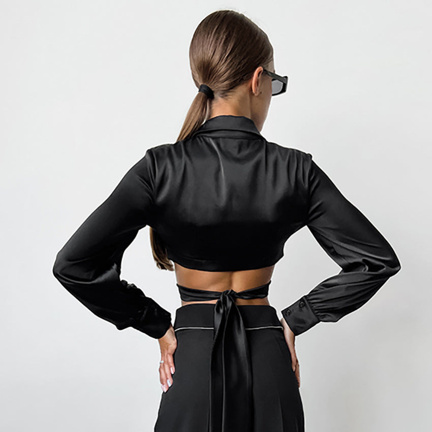 Khaki Imitation Acetate Color Butyl Lapel Short Crop Lace-Up Shirt New Autumn Fashion