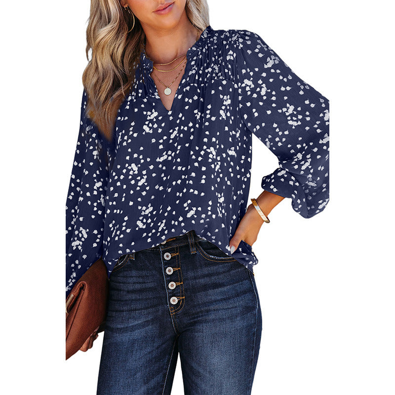 Shiying Yellow Romantic Print Crepe Chiffon Shirt Women's V-Neck Pullover Top