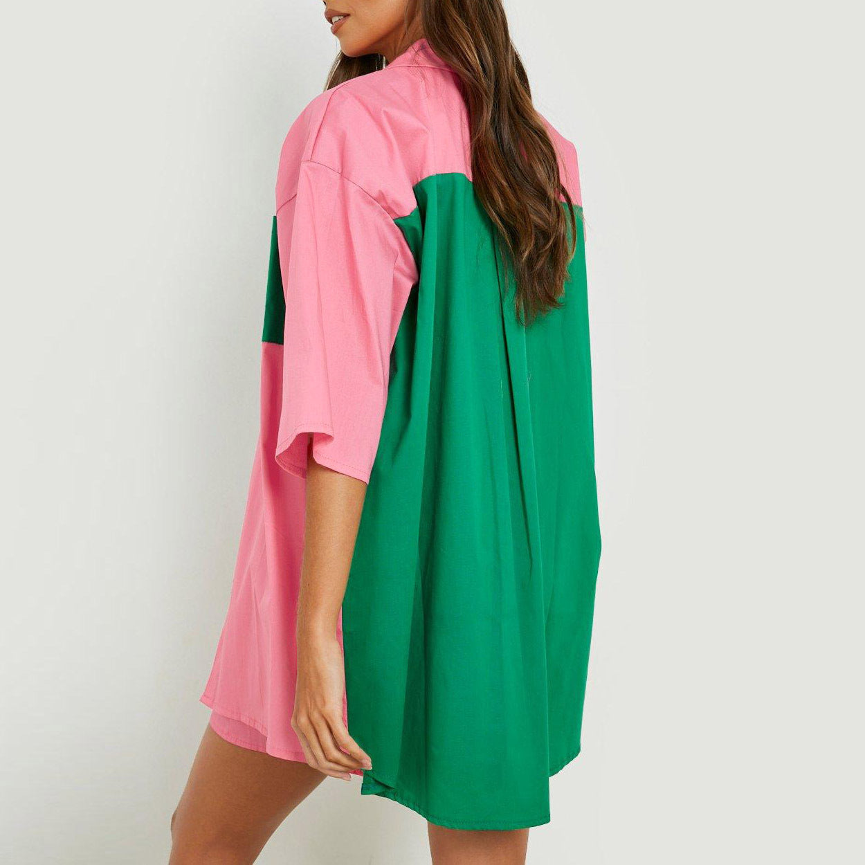 Spring And Summer New Casual Suit Women Color Collocation Oversized Sleeved Shirt Blouse Elastic Waist Shorts Two-Piece Set