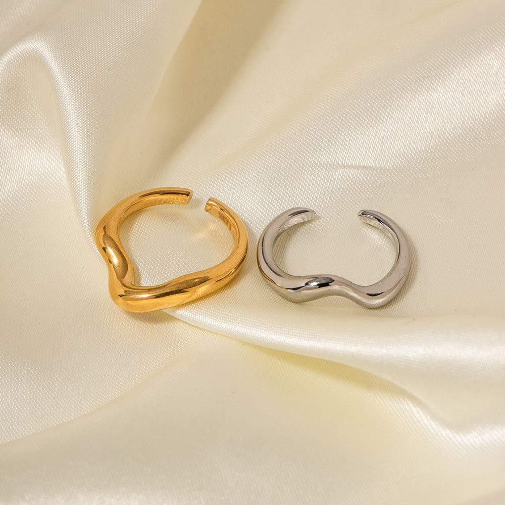 5pcs Niche Style Titanium Steel Ring Ladies Fashion All-Match Ring Stainless Steel Geometric Wavy Opening Ring