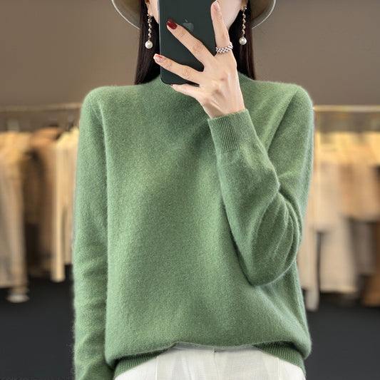 Half Turtleneck Woolen Sweater Women's Autumn And Winter Simple Everything Cashmere Sweater Loose Pullover Knitted Bottom