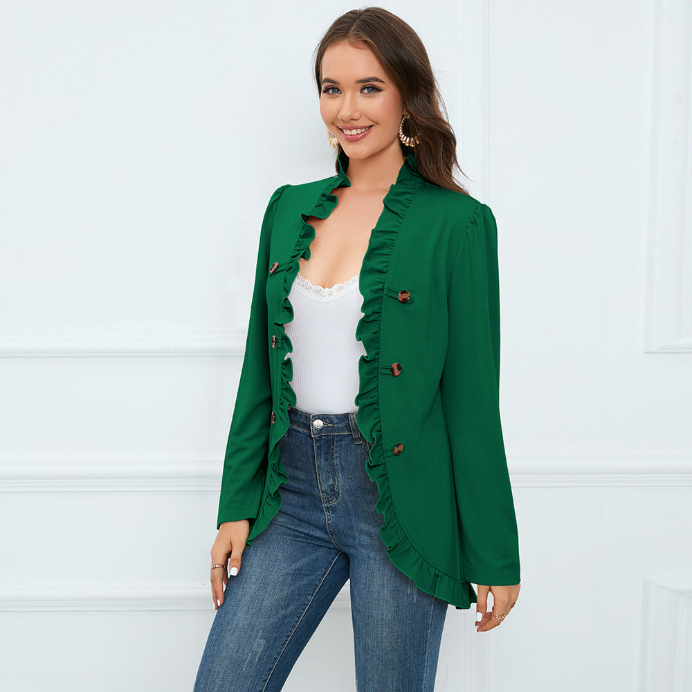 Women's Ruffled Cardigan Button Small Coat Autumn And Winter New Long-Sleeved Short Small Suit