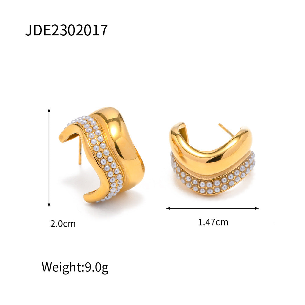5pcs Fashion Style 18K Inlaid Pearl C Shape Earrings Classic Inlaid Earrings