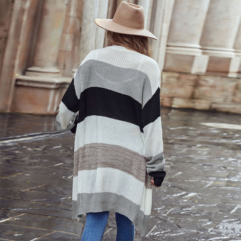 Buttonless Long Patchwork Sweater Cardigan for Stylish Autumn and Winter Layering