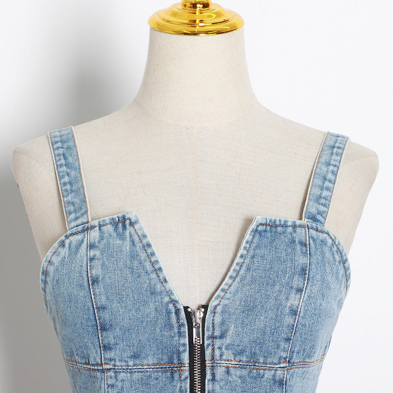 Spring New Niche Design Sense Color Matching Denim Waist Slimming Waistcoat Halter Top Female Tide