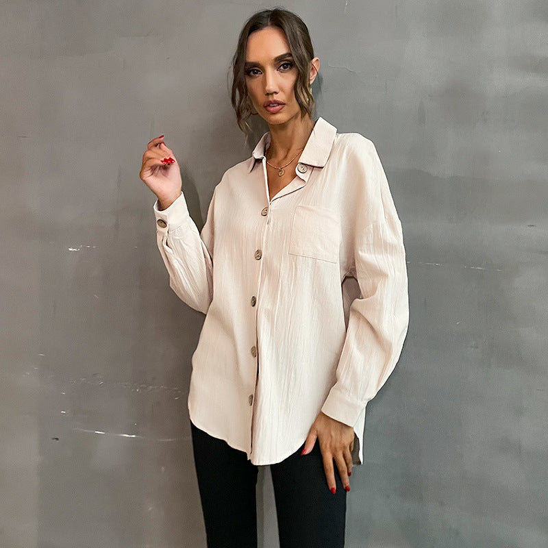 Early Autumn Fashion Casual Long Shirt Lapel Long Sleeve Solid Color Shirt