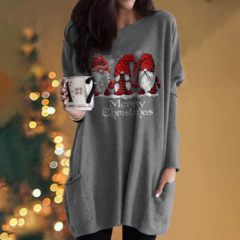 Santa Claus Printed Long Sleeve Pocket Round Neck T-Shirt Dress