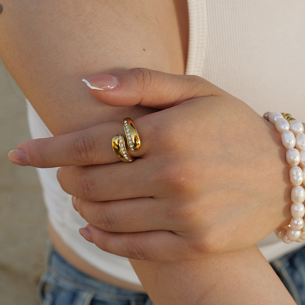 5pcs Single Ring 18K Gold Zircon Drop Open Ring Titanium Steel Ring Ring For Women
