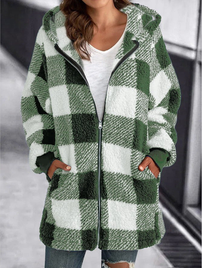 Plush Women's Coat New Long-Sleeved Plaid Hooded Zipper With Pocket Loose Coat