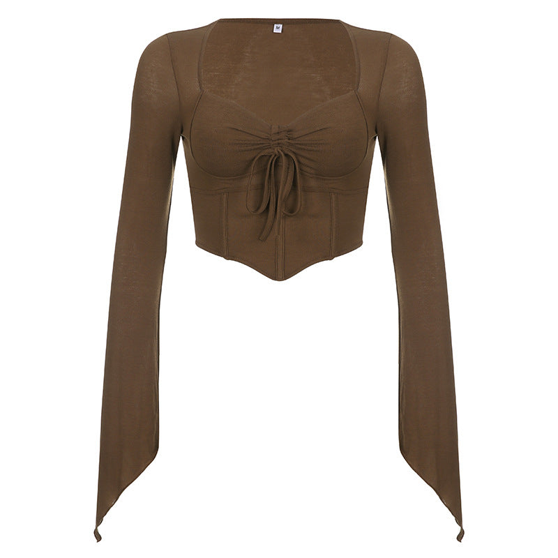 Street Spice Style Sexy Low V-Neck Long Sleeve T-Shirt Fishbone Waist Irregular Slim Draw Pleated Crop Top