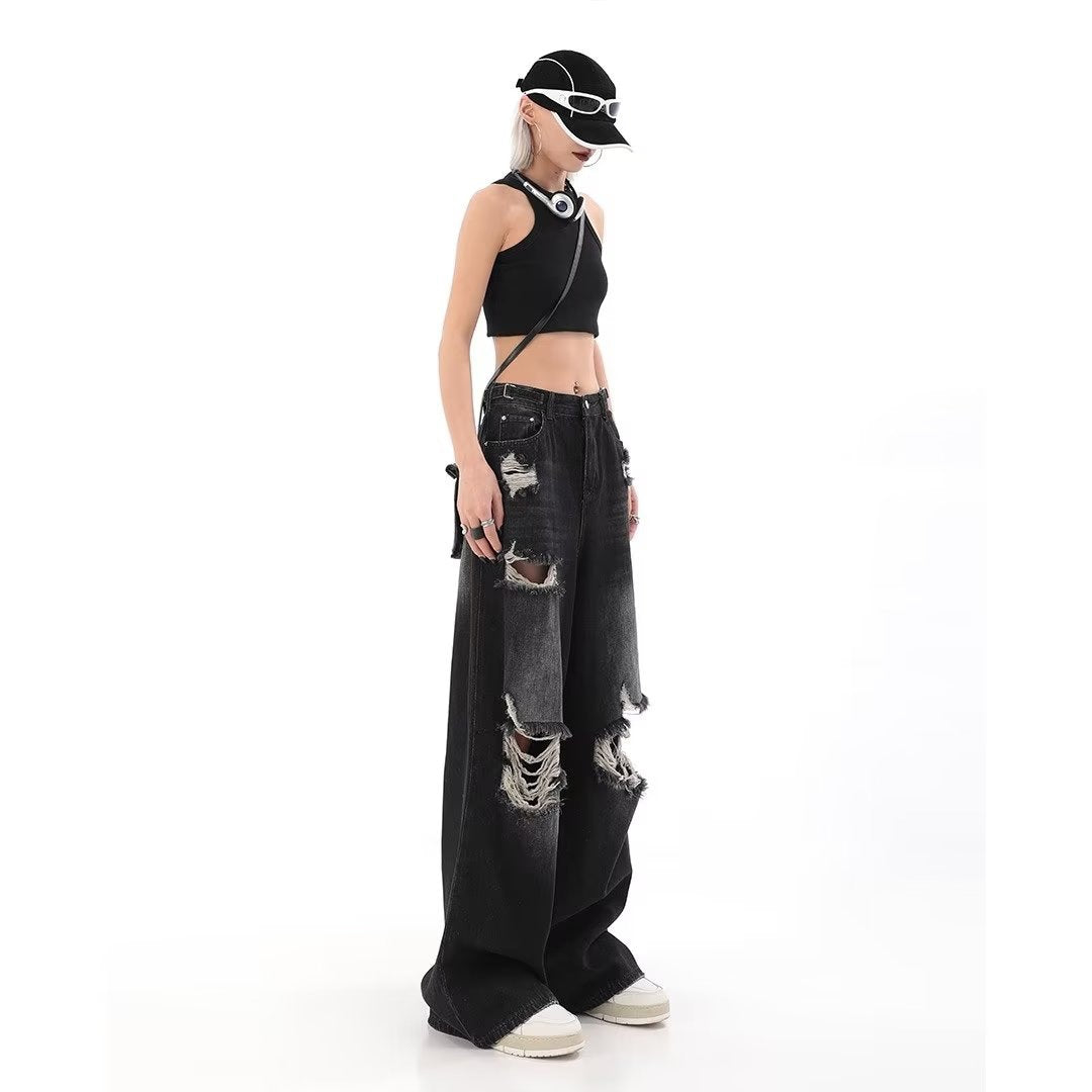 Black Ripped Jeans Female Hottie New Hip Hop Straight Floor-Length Wide-Leg Pants