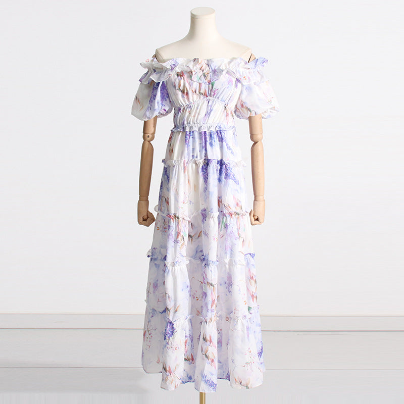 New Spring New Style One Shoulder Fold Print Lady Long Style Swing Dress