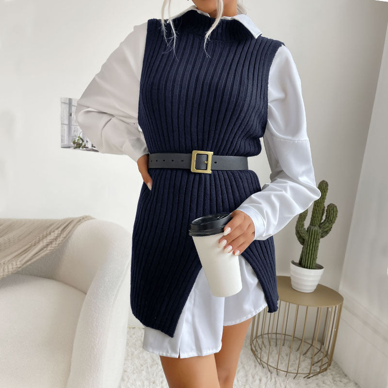 Early Autumn Women's Slit Solid Color Medium Long Vest Sweater