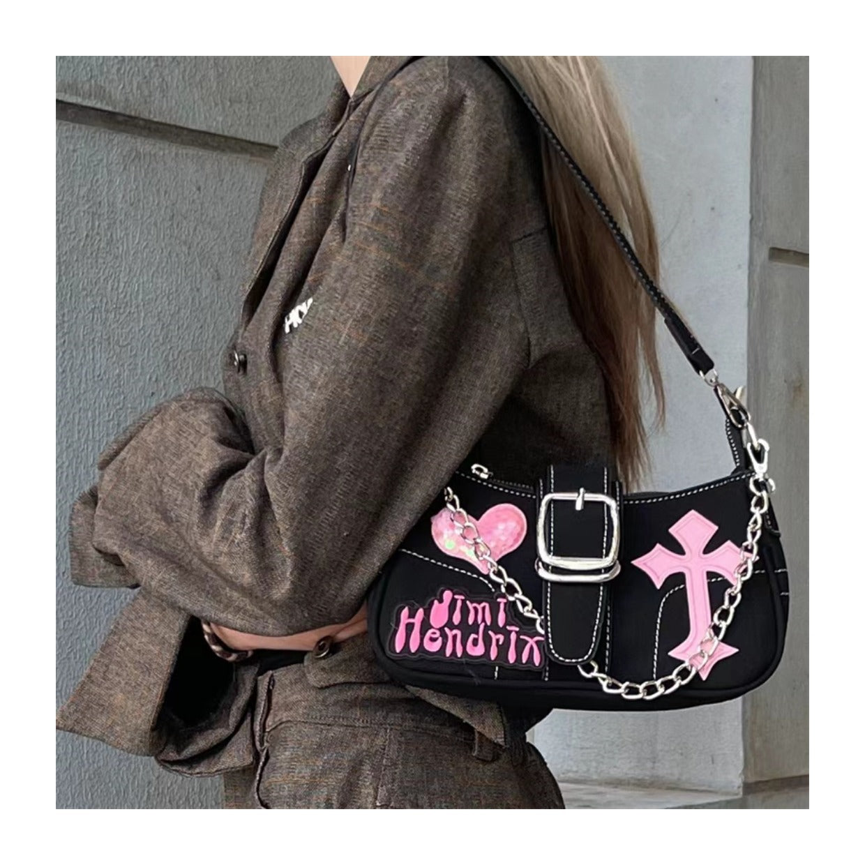 Bag Niche Design Single Shoulder Underarm Bag Chain Millennium Sweet Cool Baguette Bag Y2K Hottie Motorcycle Crossbody Bag
