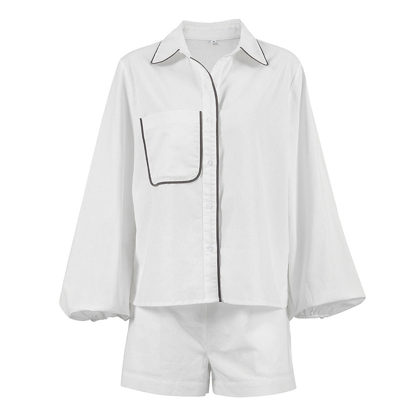 Casual Fashion Cotton Linen Long Sleeve Suit Women's Summer Design Sense Black And White Contrasting Color Shirt Shorts Two-Piece Set