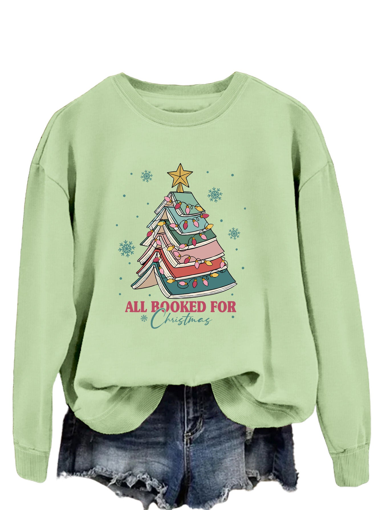All Booked For Christmas Letters Fun Printed Casual Crew-Neck Hoodie