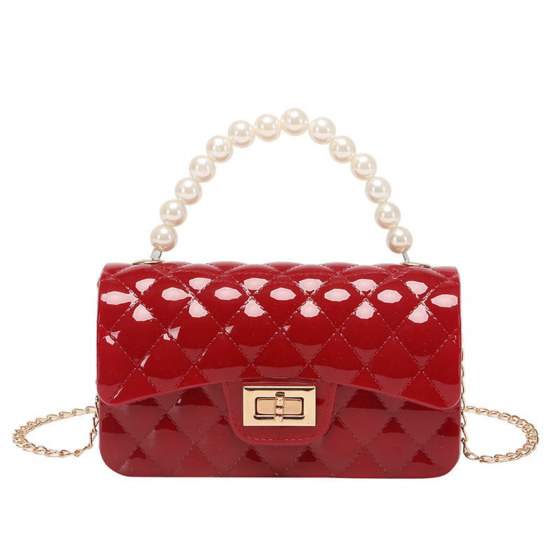 Bag Summer New Diamond Lattice Solid Color Pearl Hand Jelly Bag Pvc Women's Single Shoulder Crossbody Bag