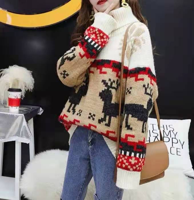Autumn-Winter Fashion Women's Christmas Style Turtleneck Long-Sleeved Regular Knit Sweater
